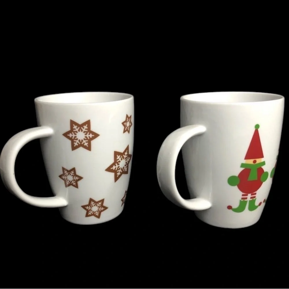 2 Crate & Barrel Skating Gingerbread Boy + Jingle Elves Christmas Mugs in EUC